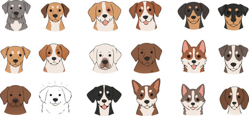 Cute dog breed face cartoon vector illustration set featuring adorable puppy portraits and friendly pet characters isolated collection © Yevhenii creative