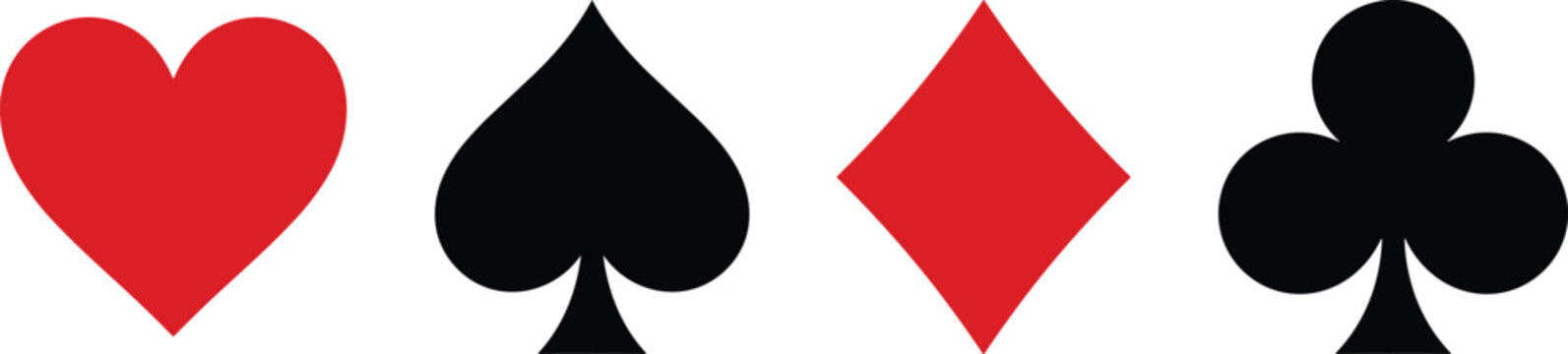 Playing Card Suits Icon Set Featuring Red Heart and Diamond with Black Spade and Club for Casino Games, Gambling Graphics, and Poker Vectors