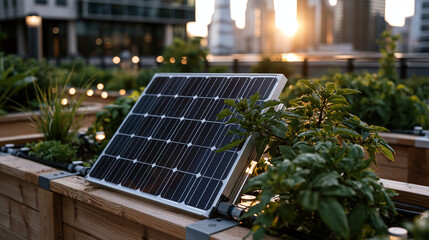 Fototapeta premium Solar-powered irrigation network running through a community garden on a building rooftop, moisture sensors embedded in raised planter beds, distant city towers visible in warm summer haze, ideal fo