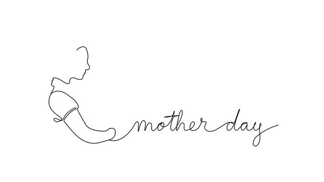 One Line Illustration &ndash; Mother Cradling Her Daughter with &ldquo;Happy Mother&rsquo;s Day&rdquo; Text