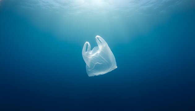 Minimal environmental concept with lone plastic bag floating underwater blue background