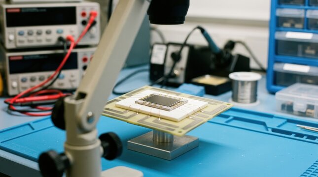 Medium shot of a precision thinfilm resistor with sputtered layers enhancing electrical accuracy on a compact chip substrate under controlled lab conditions.