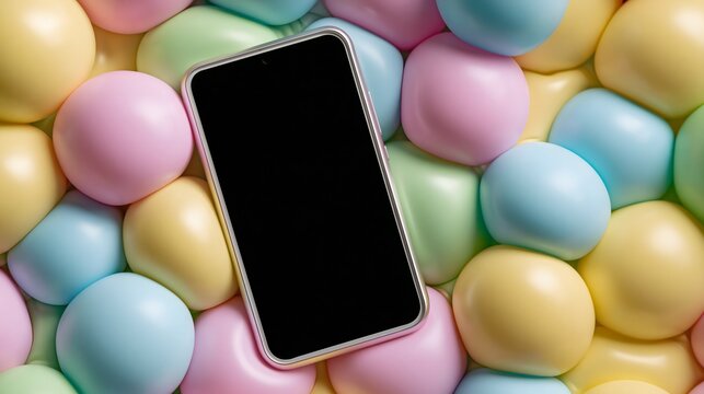 Smartphone mockup on soft colorful pastel puffy background texture