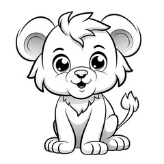 Fototapeta premium Adorable cartoon baby lion cub sitting with big eyes, a happy smile, and a fluffy mane, presented as a black and white line art drawing for coloring.