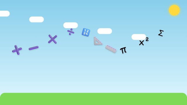 A video showcasing mathematical symbols and equations floating in a serene blue sky with fluffy clouds and a bright sun