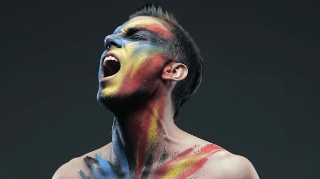 Young caucasian male, bare-chested, vibrant abstract body paint, screaming intensely, head tilted back, against a dark grey studio background. Dramatic lighting creates raw emotional video, concept