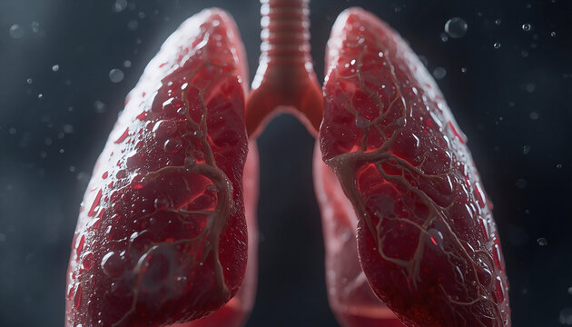Human lungs are shown in detailed medical illustration with trachea and bronchi visible