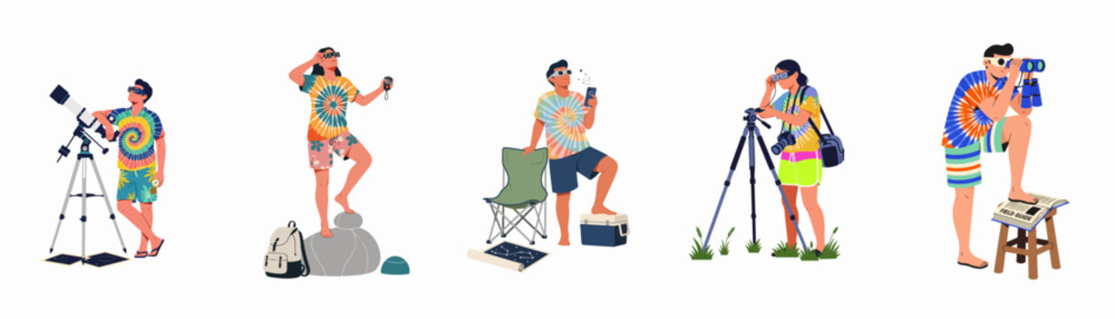 Diverse group of people observing a solar eclipse with telescopes, binoculars, and cameras while wearing protective solar glasses in flat vector illustration style.
