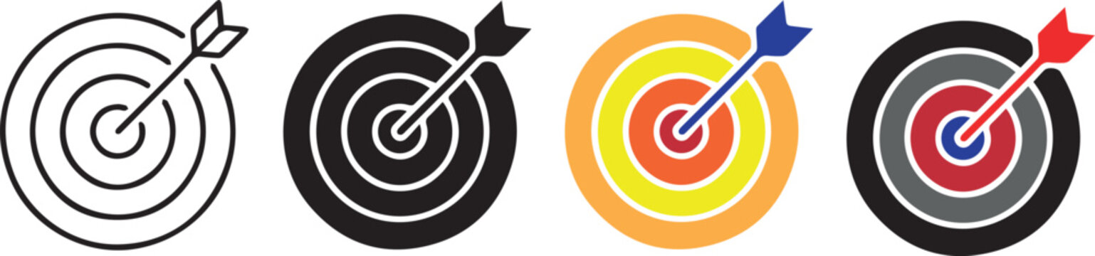 Target icons set. Goal symbol collection. Simple target with arrow. Darts icon. Hitting the bullseye icon line and flat style