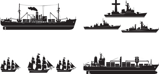 Maritime Ship Silhouette Collection Featuring Cargo Vessels Naval Warships and Sailing Boats Vector Illustration Set © MdMazibur