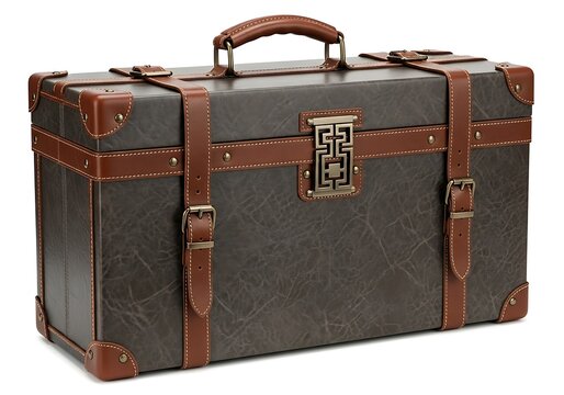 Vintage leather trunk with decorative metal clasp and straps