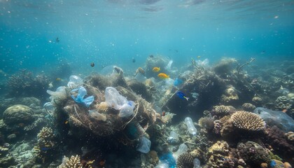 Fototapeta premium Coral reef damaged by plastic pollution underwater conservation concept