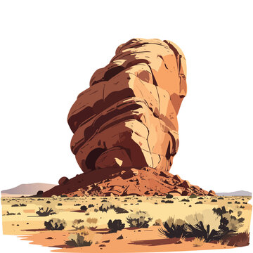 A delicious piece of chocolate cake sits on a plate against a stunning desert landscape of red sandstone mountains and natural rock formations under a bright blue sky