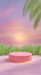 Obraz premium Pink circular podium at tropical sunset with palm leaves and pastel sky for summer solstice background and cosmetic display design