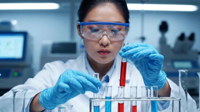 Scientist in laboratory wearing protective gear and holding test tubes with colored liquids