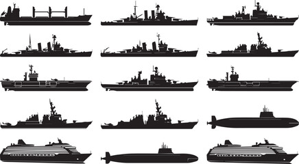 Naval and Maritime Ship Silhouette Collection with Warships Submarines Cargo Vessels and Cruise Liners Set © MdMazibur