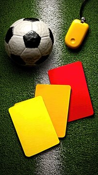 Vibrant soccer pitch with black and white ball, red card, yellow card, and referee whistle highlights key elements of the game in natural light