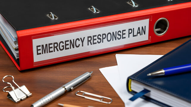 A red emergency response plan binder with office supplies on a wooden desk
