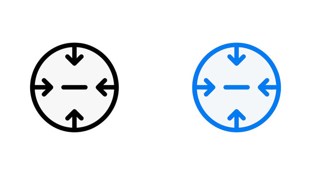 Zoom out and minimize icons with arrows pointing inwards in black and blue line art