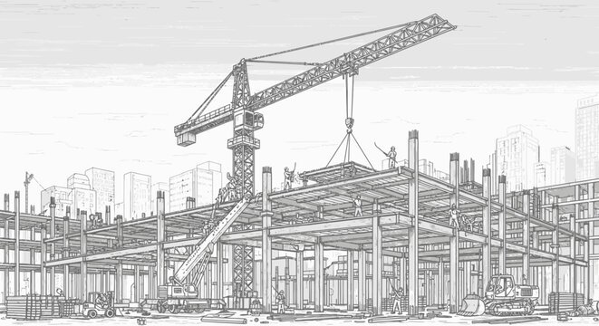Detailed Line Drawing of Construction Site with Crane and Building Under Development