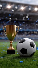 Fototapeta premium Shiny golden trophy and black and white soccer ball on grass field at stadium with blue confetti falling during a sports event