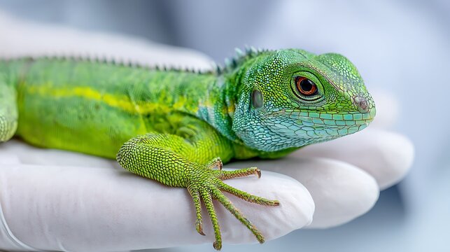 Close-up of a vibrant green lizard held gently in gloved hands, showcasing skin texture