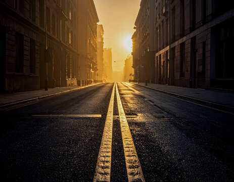 Empty city street at sunrise with golden light and misty background perspective