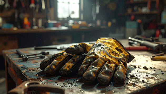 Close up of weathered work gloves on a rustic workbench with tools