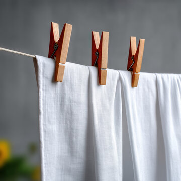 White fabric hang on laundry line with wooden clothespin, clean textile drying outdoors, fresh and simple household scene