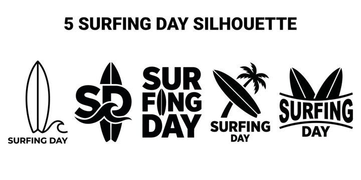 Set of five surfing day silhouette logos with surfboards waves and palm trees Vector, illustration