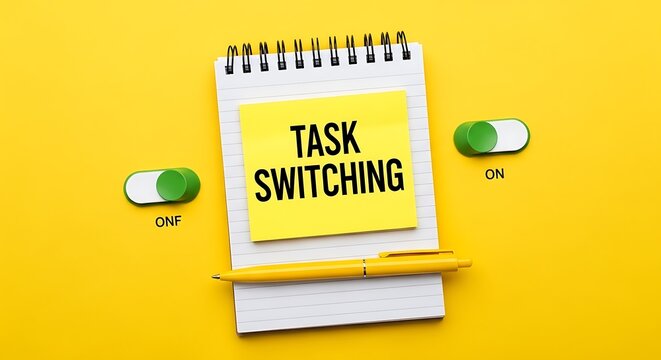Task switching concept on yellow background, productivity management note on spiral notebook, multitasking and focus toggle switch icons