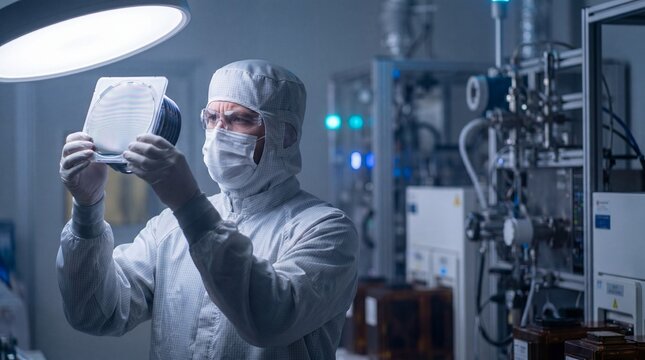 Process engineer inspecting wafer in a cleanroom at night