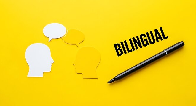 Bilingual education concept with paper cutouts of human heads and speech bubbles, language learning and translation services, communication on yellow background