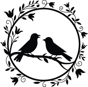Black silhouette of two birds sitting on a branch inside a circular floral frame Vector