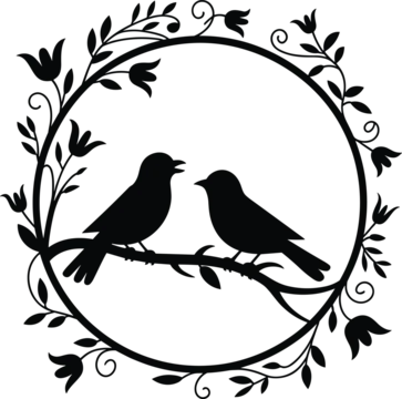 Black silhouette of two birds sitting on a branch inside a circular floral frame Vector