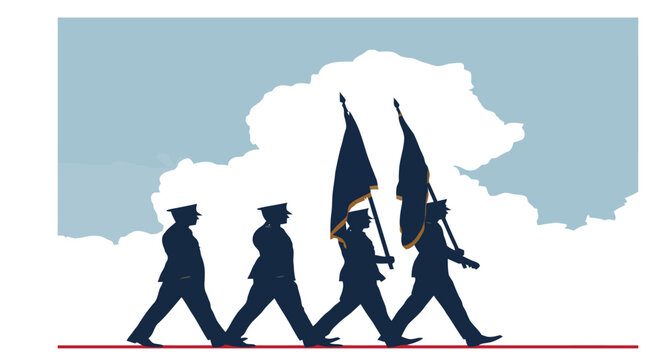 Soldiers march in formation while carrying flags during a formal military ceremonial procession.