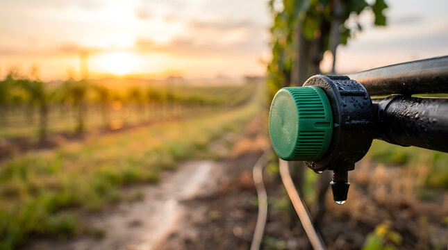 Drip irrigation emitter with green cap and water drop in a lush vineyard at sunset, highlighting sustainable agriculture and water management.