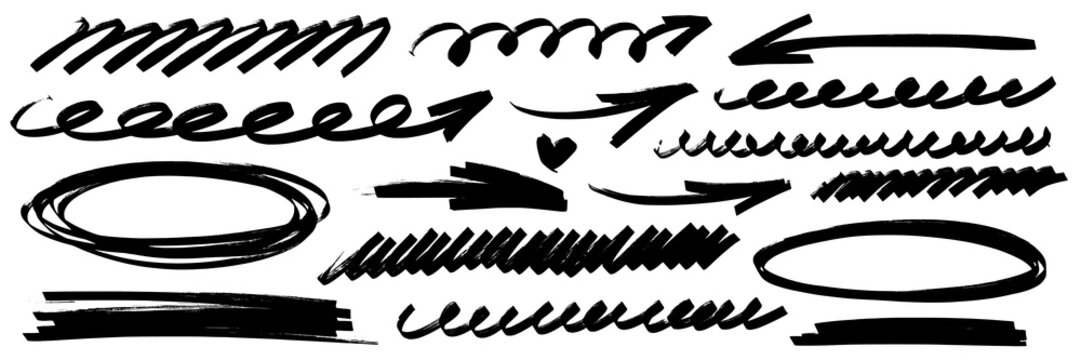 Creative highlight and marker doodles with underline and arrow signs, brush texture, pen sketch line work, isolated background. Highlight, marker, underline, arrow twice.