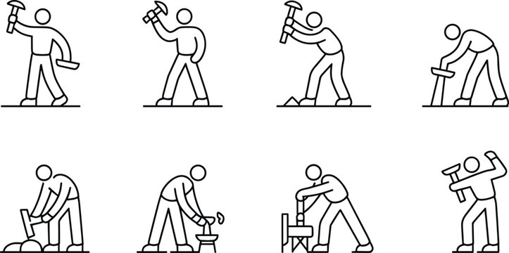 Stick figure craftsman or construction worker line icon set working with hammer and tools