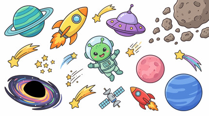 Obraz premium Cute Space Cartoon Elements Collection with Rocket, Planets, Sun and Moon