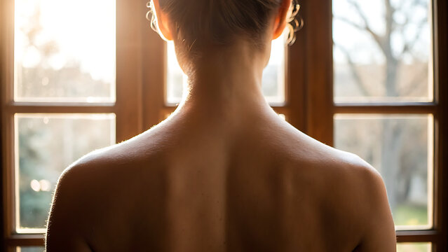Upper back view of shirtless person standing by large window in soft natural light