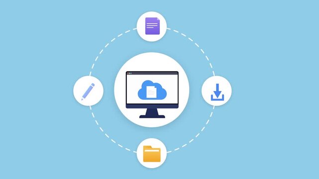Animated cloud file management illustration featuring connected upload, folder, document, and organization icons around a computer interface in a smooth looping technology scene.