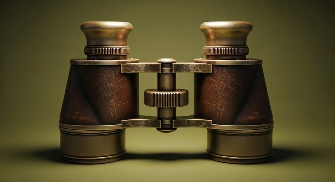 Vintage brass binoculars on olive green background isolated view