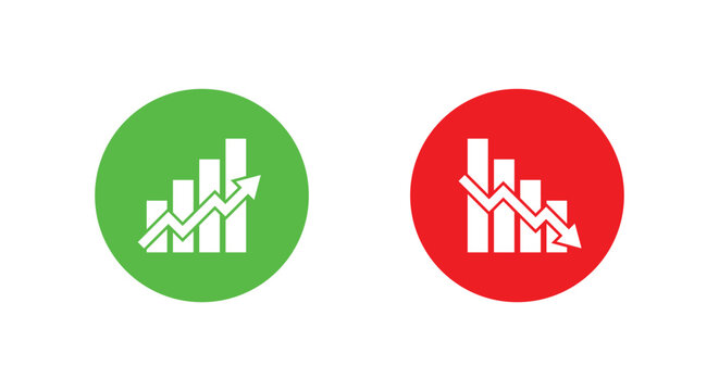 Growth and decline icon in green and red circle. Up and down bar symbol. Increase and loss decrease trend sign