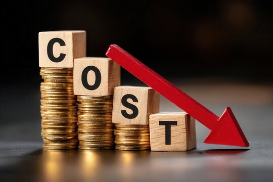 Cost reduction concept with falling arrow and coins