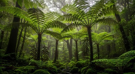 Fototapeta premium Lush Green Tree Ferns Growing in Misty Temperate Rainforest