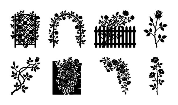 Floral Garden Elements, Rose Arch, Trellis, Fence, Botanical Vector Set, Romantic Vintage Decorative Accents