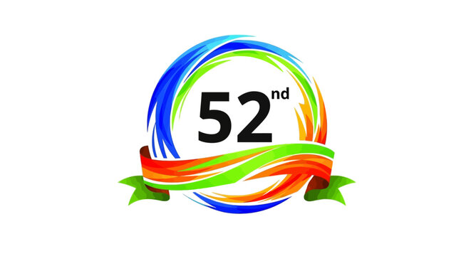 52nd Anniversary Celebration with Colorful Swirls and Ribbon.