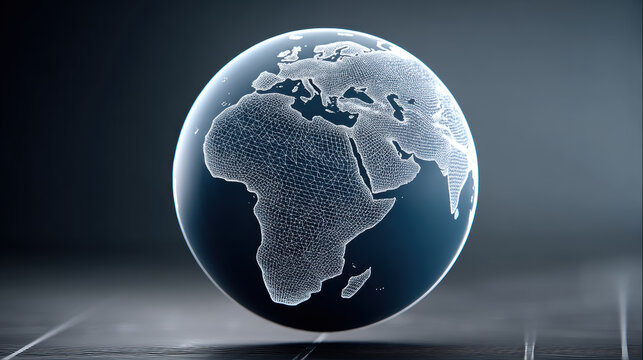 Translucent globe minimalist style high fidelity digital earth wireframe map Africa Europe modern technology glowing effect