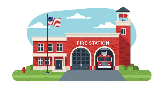 Illustration of a traditional red brick fire station with flag